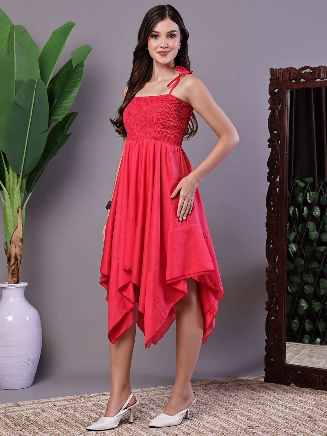 Women's Solid Red Cotton Handkerchief Hem Midi Dress Midi Dresses - Image 3