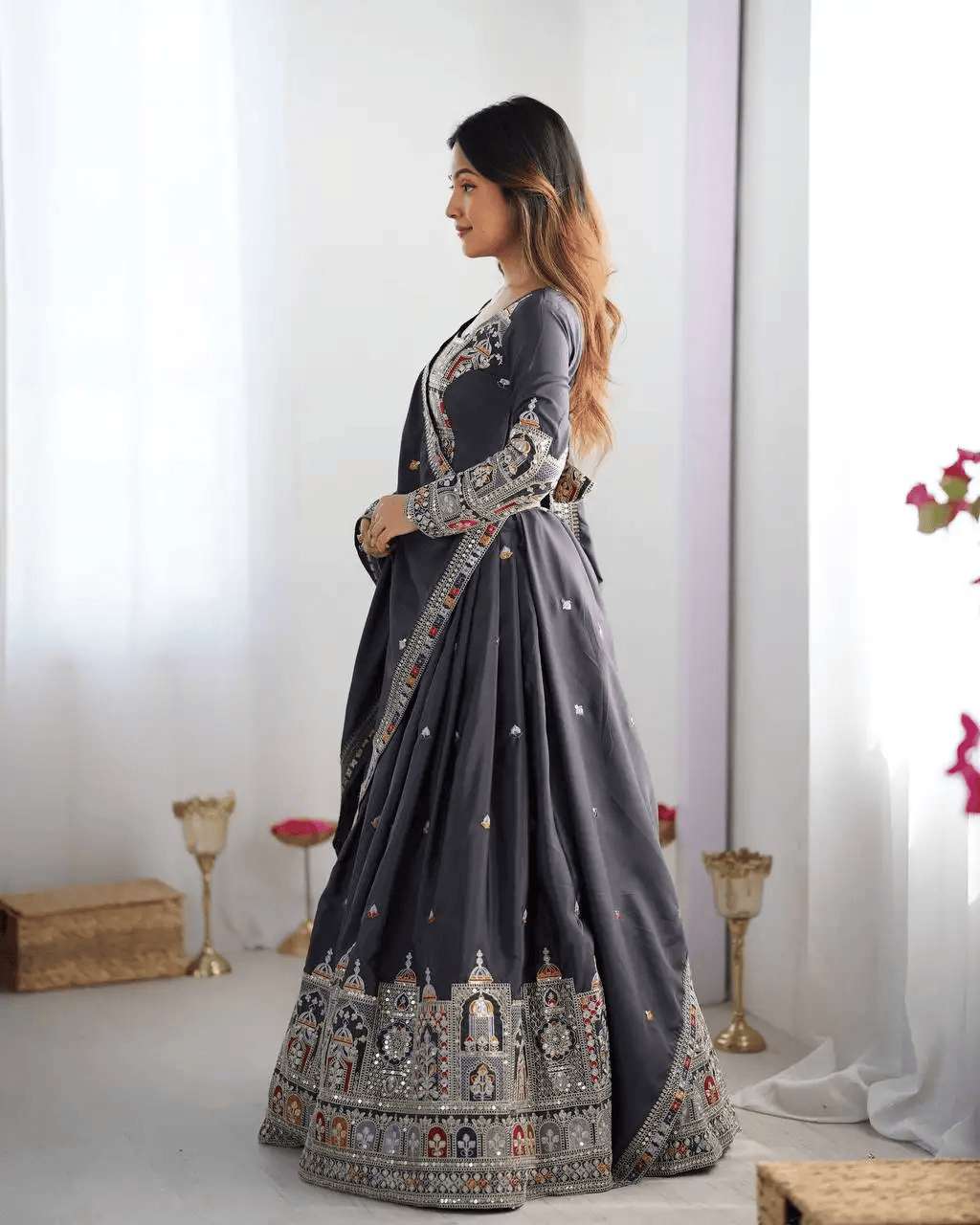 Women's Crepe Silk Sequence Embroidery and Zari Work Rajsthani Lehenga Choli with Dupatta - Image 11