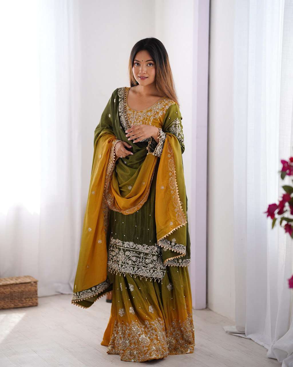 Women's Chinon Silk Sequence With Rivet Moti Work Straight Kurta With Sharara and Dupatta Set - Image 19